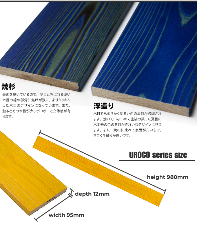 塗装済み木材UROCOは浮造りと焼杉の2種類があり、それぞれ木目の出具合と肌触りが違います。